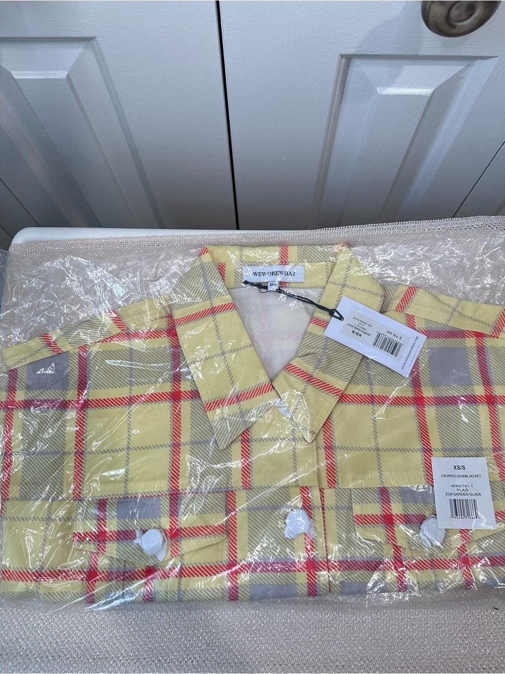 Revolve WeWoreWhat Yellow Garden Glade Plaid Cropped Jacket XS/S - Picture 6 of 10